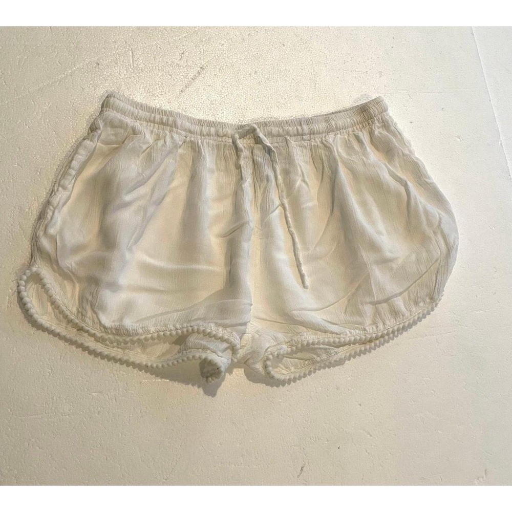 Manhattan Blues White Gauze‎ Pom Pom Trim Drawstring Medium Women Summer Beach